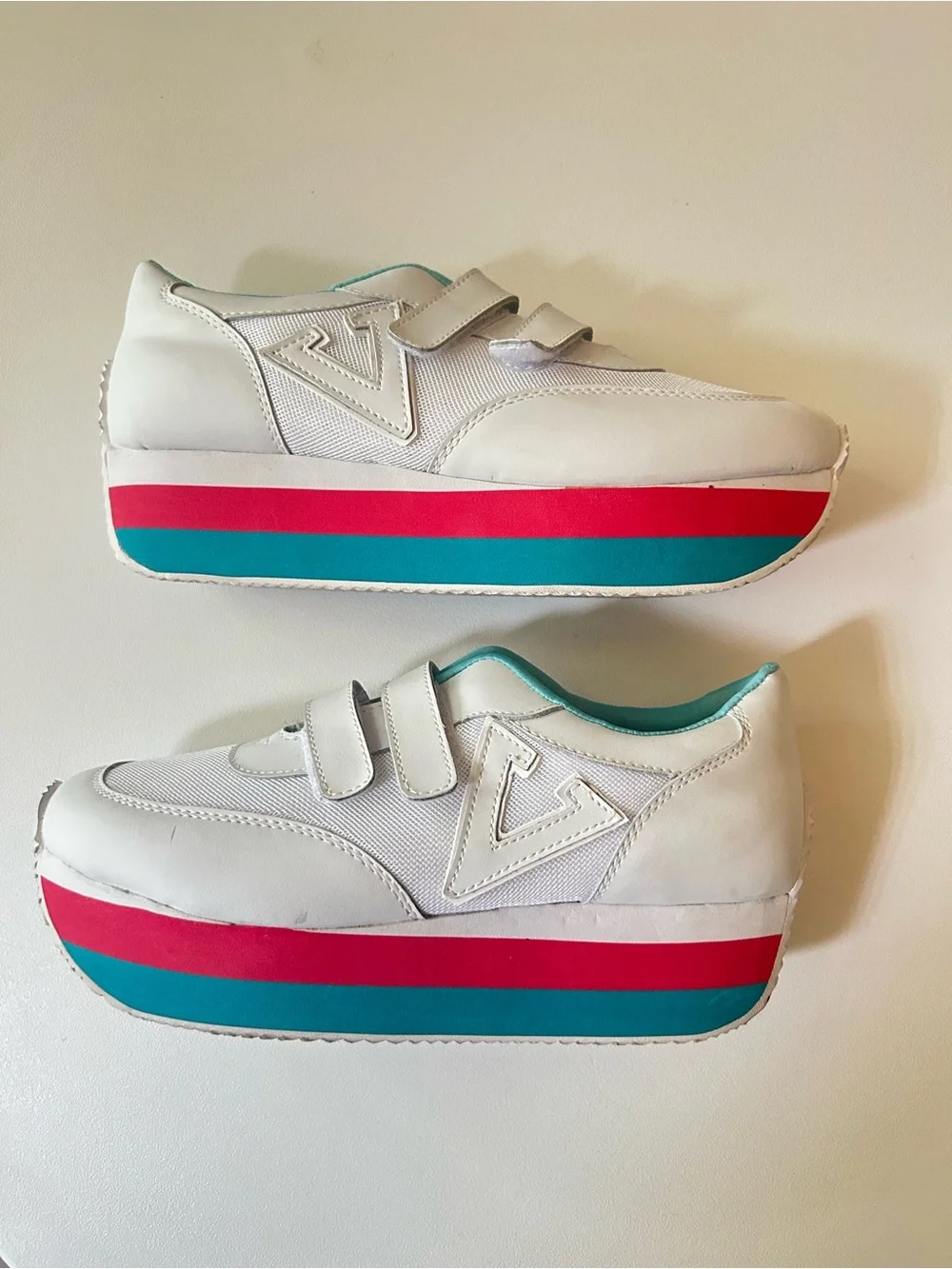 Y2K Volatile White Platform Sneaker with Pink and Teal Stripes